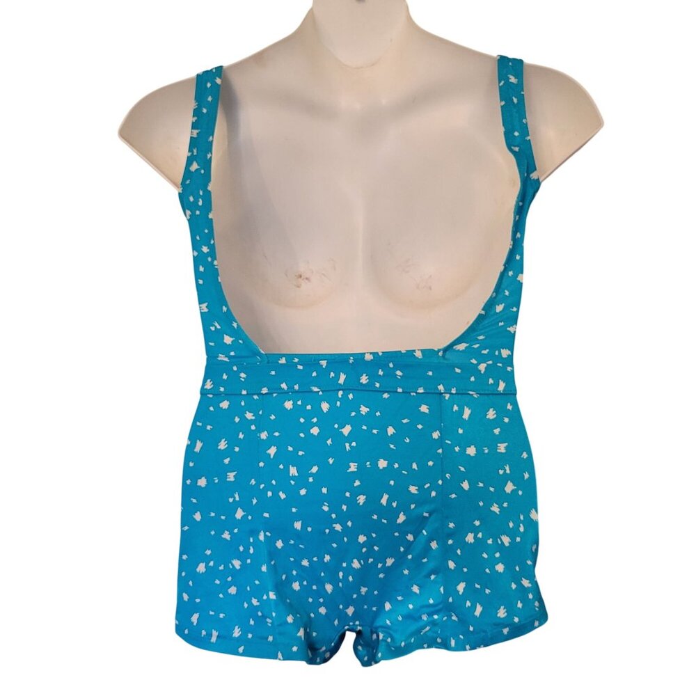 Vintage 1960S Blue White Abstract Print Swimsuit Belted Waist Square Neckline - Picture 2 of 11